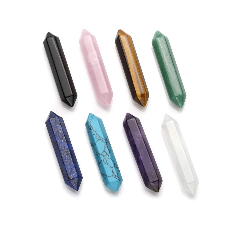 CrystalTears 8pcs Chakra Healing Crystal Double Terminated Points Wands Set Natural Polished Thumbled 6 Facet Stone Decor Reiking Balancing 1921